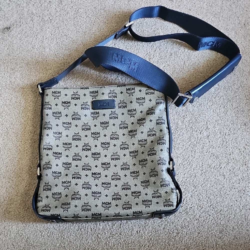 MCM Monogram Beige and Navy Messenger Bag